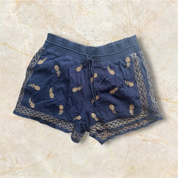 J.Crew Navy Blue Pineapple Embroidered Women's Shorts size Small elastic waist - Picture 1 of 15